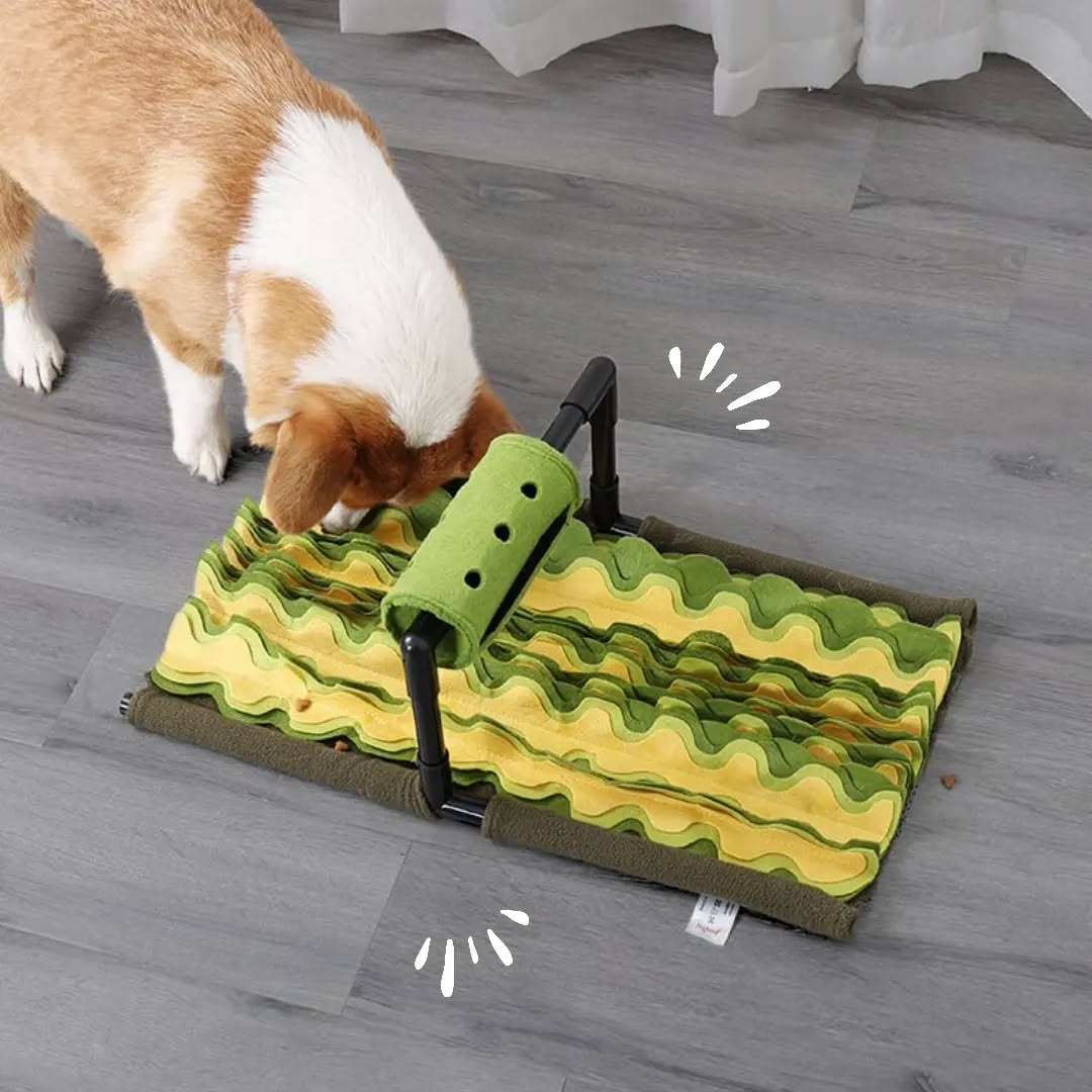 Dog snuffle mat for mental stimulation and slow eating, blue and green fabric with felt strips
