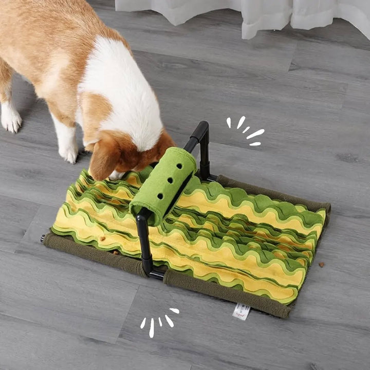 Dog snuffle mat for mental stimulation and slow eating, blue and green fabric with felt strips