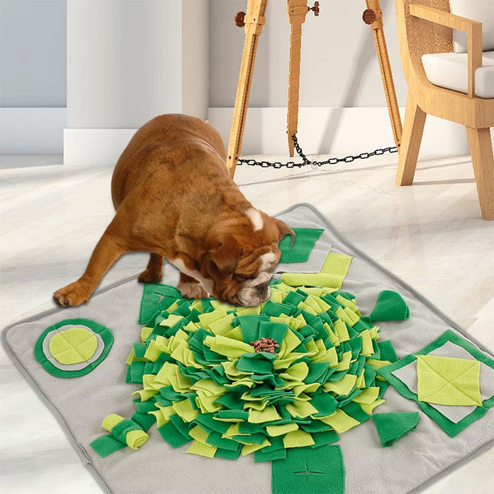 Close-up of a dog snuffle mat, fleece fabric, showing intricate folds for hiding dry food and treats