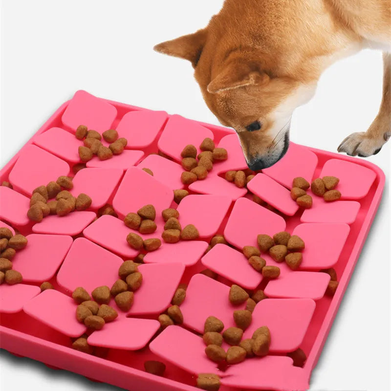 Dog snuffle mat slow feeder, interactive puzzle toy for mental stimulation, orange and blue fabric.