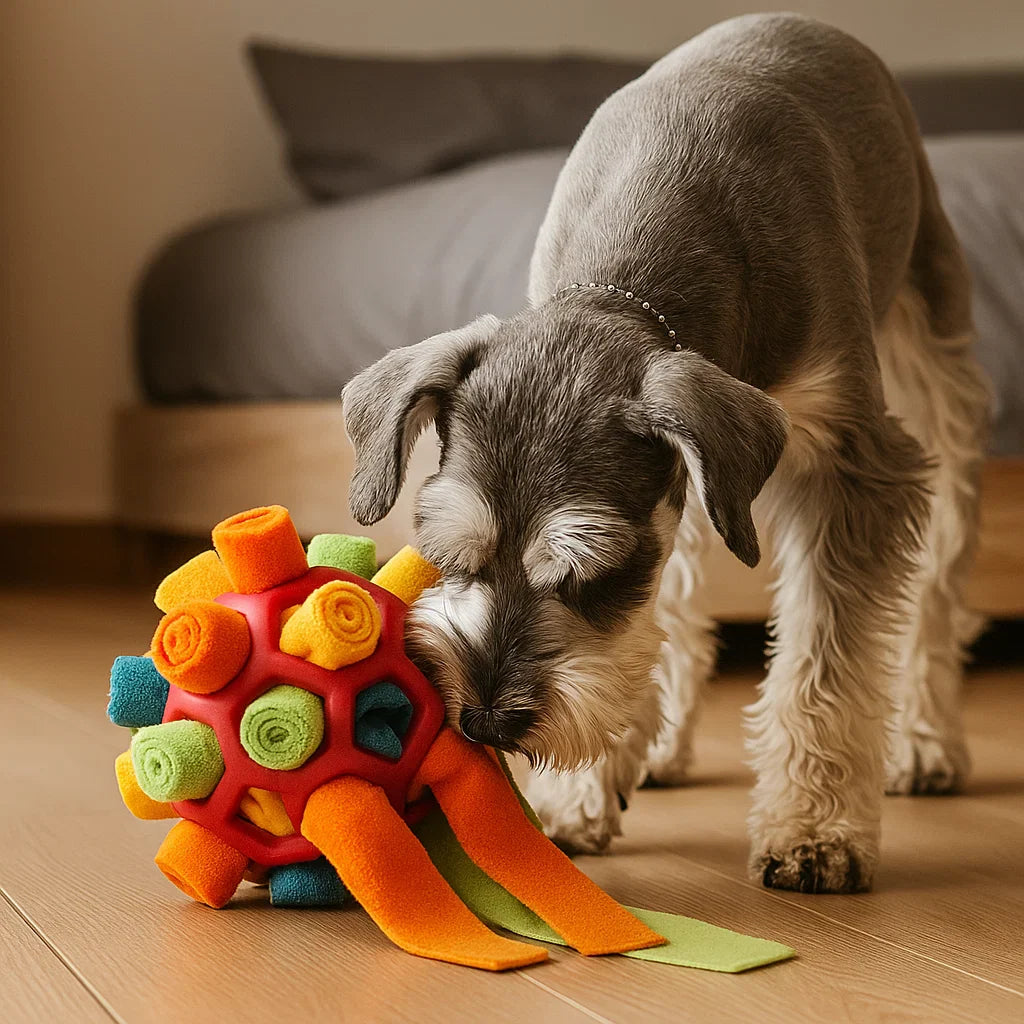 Dog snuffling for treats in a multicolored interactive pet snuffle ball for mental stimulation.
