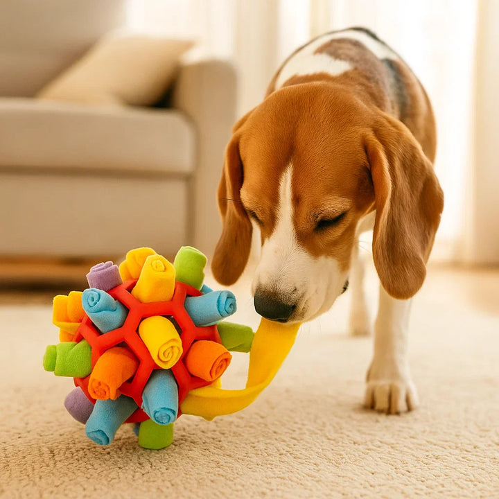 Durable fabric snuffle ball, a treat dispenser and interactive enrichment toy for pets.