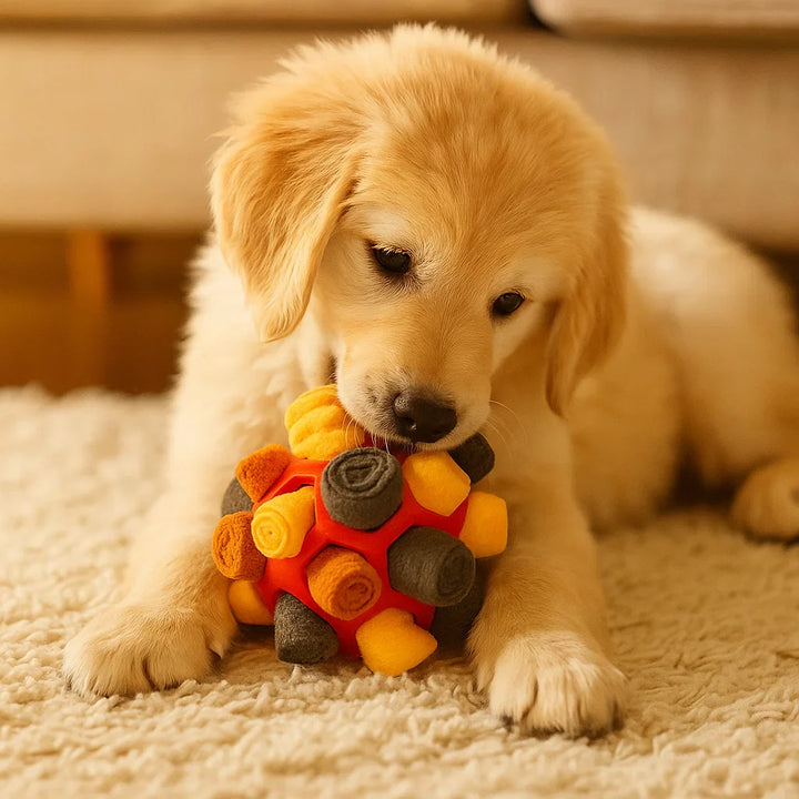 Happy dog playing with an interactive snuffle ball, a mental stimulation pet toy.