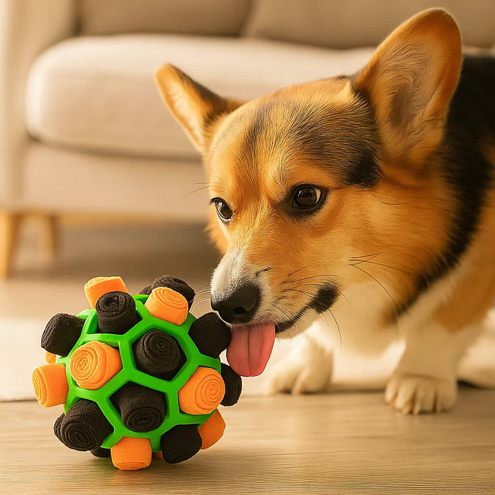 Pet owner demonstrating how to use a snuffle ball enrichment toy for dog training.