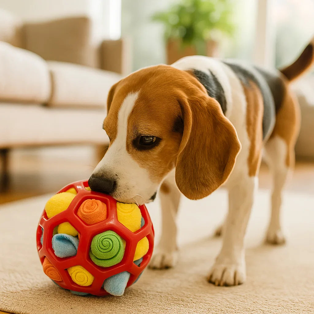Interactive snuffle ball on a wooden floor, designed for mental stimulation and treat dispensing.