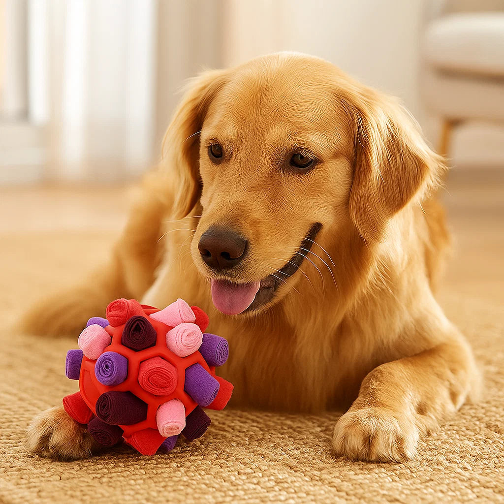 Dog breed, a golden retriever, deeply engaged with a snuffle ball puzzle toy.