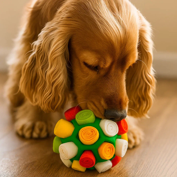 Variety of colorful interactive snuffle balls, ideal pet supplies for dog enrichment.