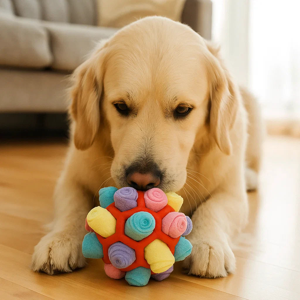 Snuffle ball encouraging natural foraging instincts, a great dog mental stimulation toy.