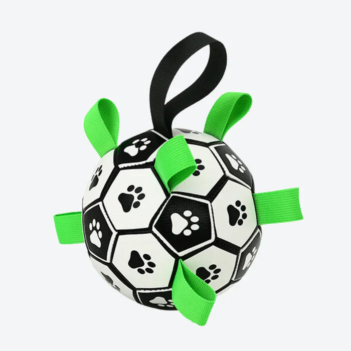 Close-up of a durable dog soccer ball showing reinforced grab tabs for easy fetching