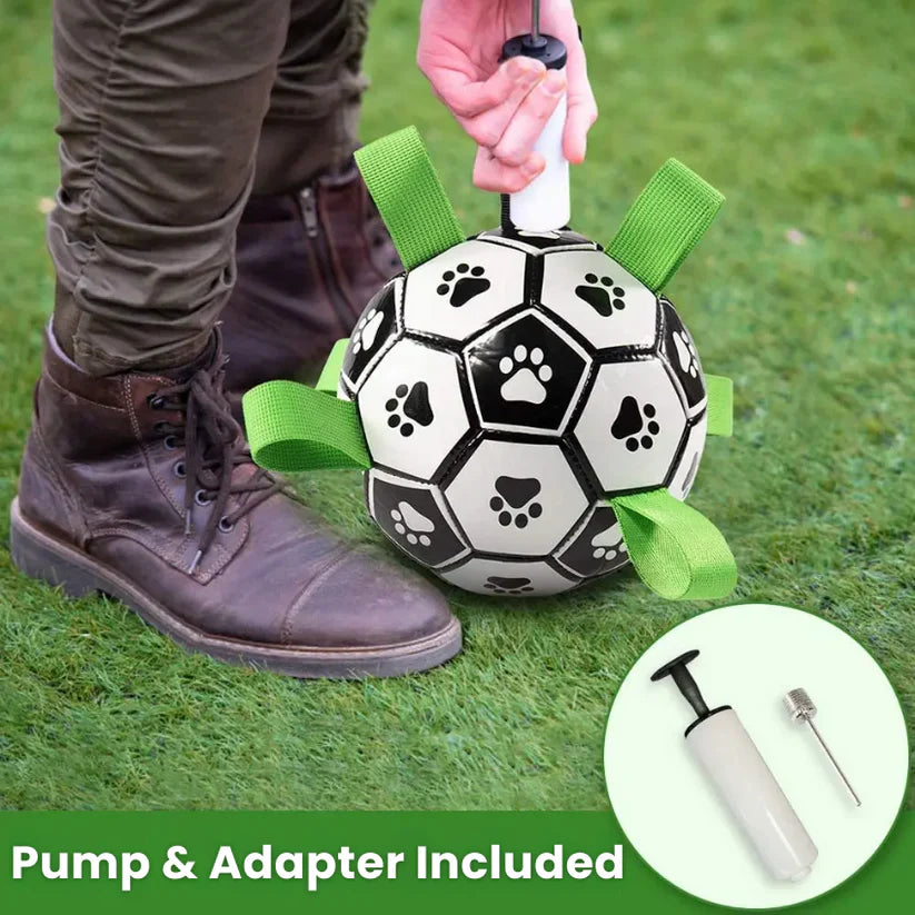 Outdoor dog toy: large black and white soccer ball with bright blue easy-grab tabs
