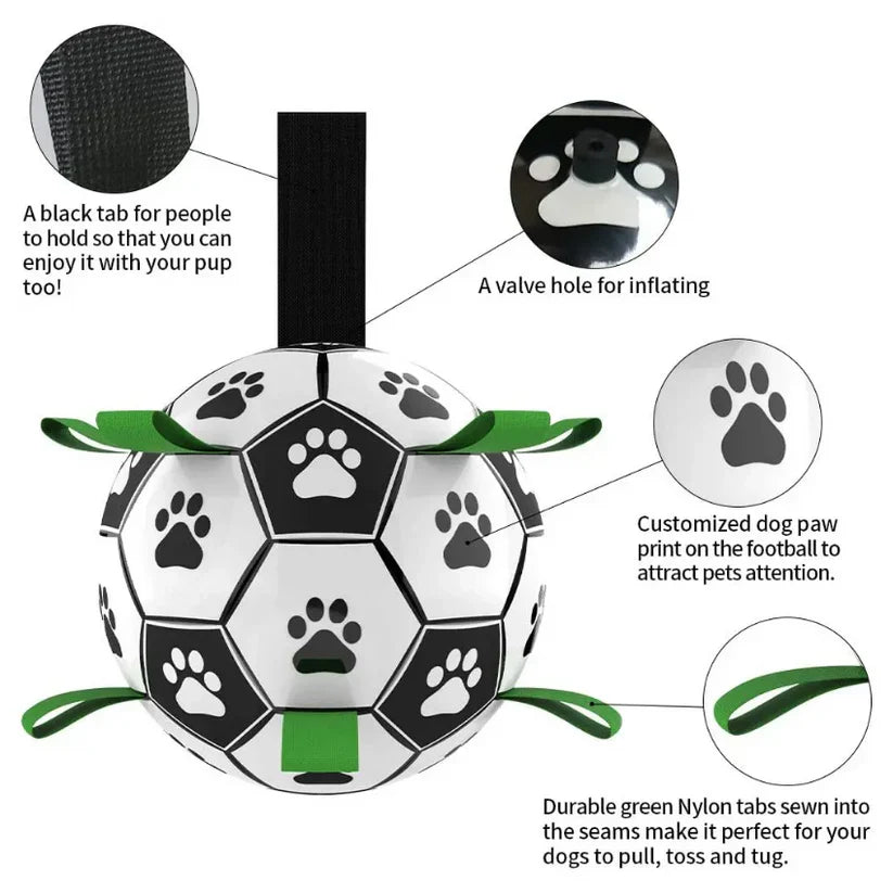 Water-friendly dog soccer ball showing its buoyancy, with multiple grab tabs