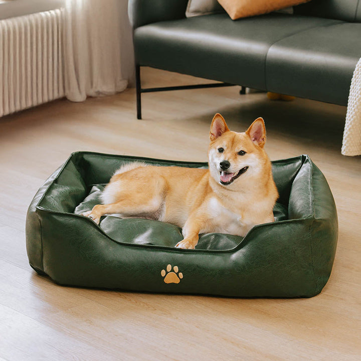 Dog bed for puppies, waterproof faux leather with supportive bolsters for growing pets