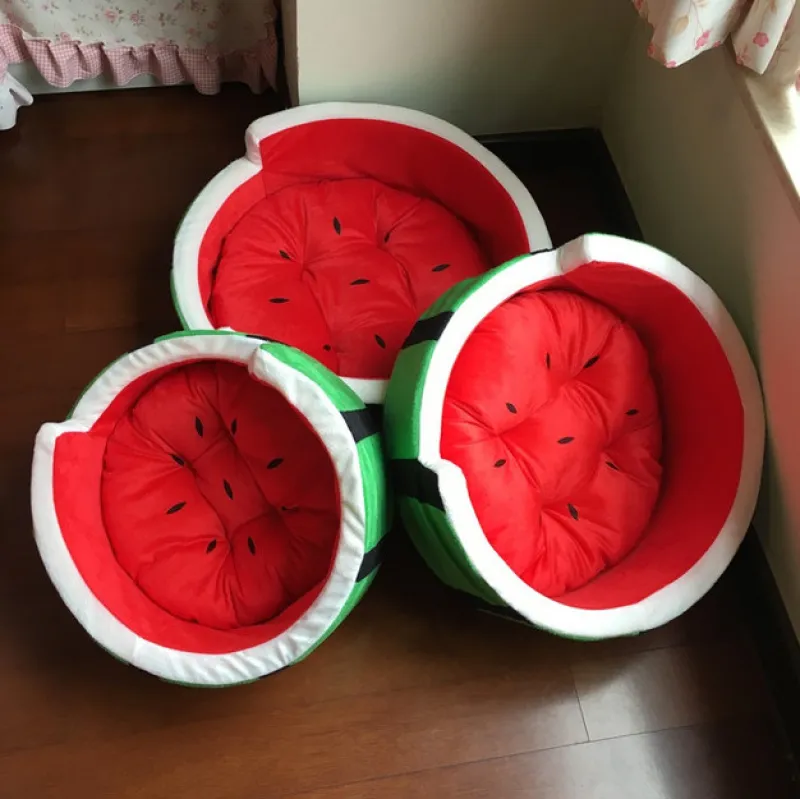 Dog sofa bed in whimsical watermelon design, red, green, black seeds, for canine comfort