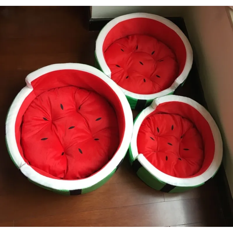 Canine comfort dog accessory, a playful watermelon pet sofa bed on a hardwood floor