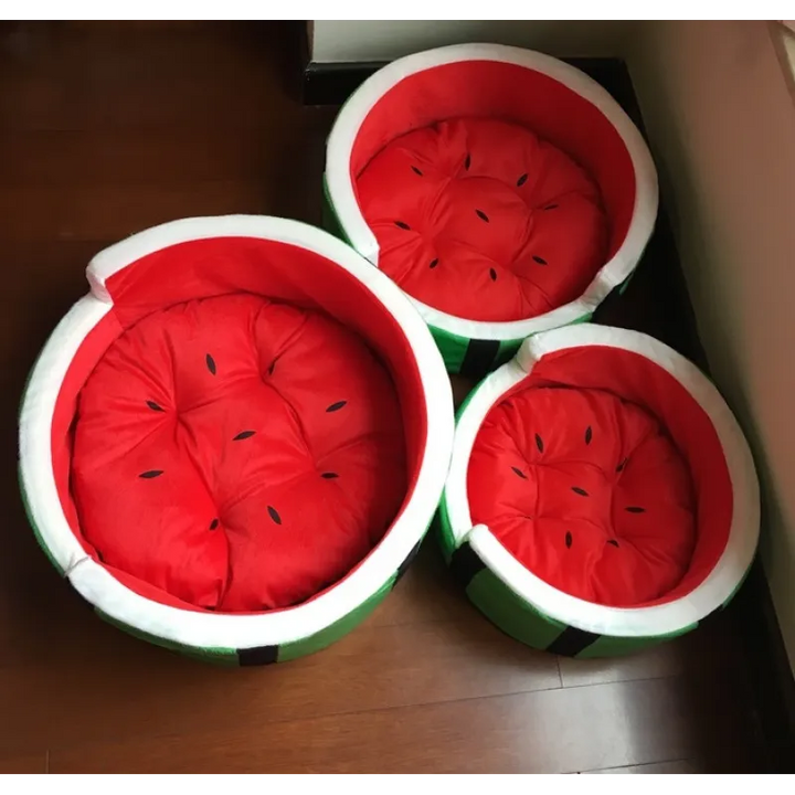 Canine comfort dog accessory, a playful watermelon pet sofa bed on a hardwood floor