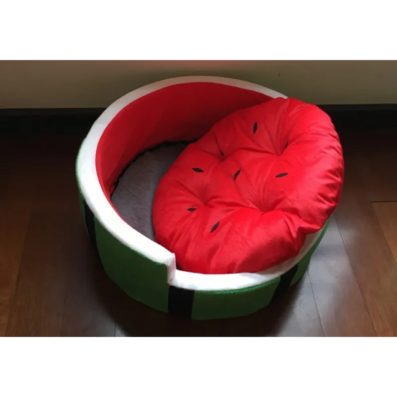 Full view of a unique watermelon dog bed, perfect pet furniture for small to medium dogs