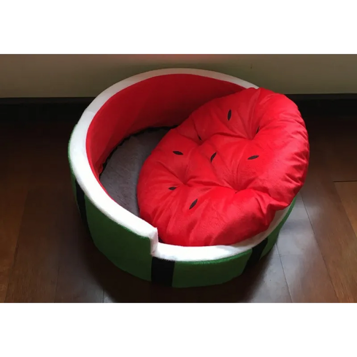 Full view of a unique watermelon dog bed, perfect pet furniture for small to medium dogs