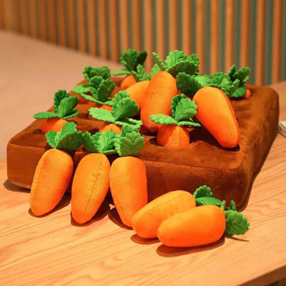 Orange carrot-shaped dog puzzle toy, designed for mental stimulation and interactive play