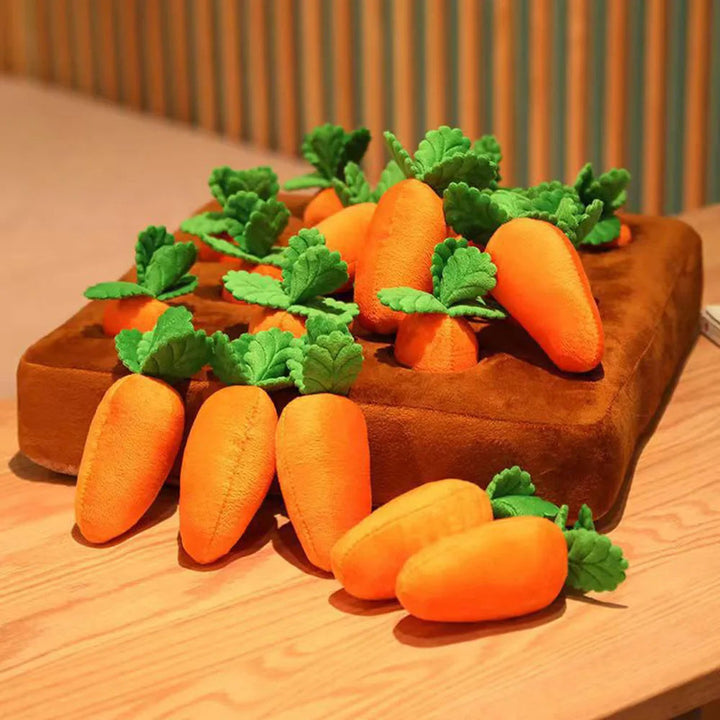 Orange carrot-shaped dog puzzle toy, designed for mental stimulation and interactive play