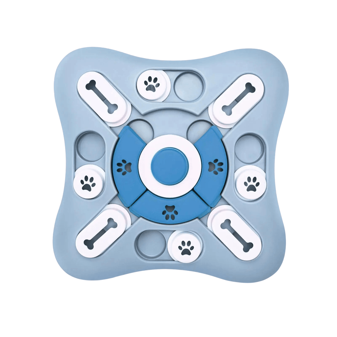Dog solving an interactive pet puzzle toy for mental stimulation, bright colors, non-toxic material