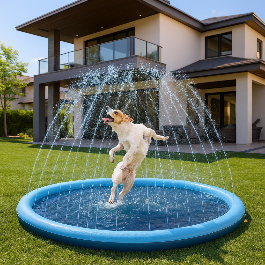 Dog splash pad with active sprinklers, blue, for outdoor summer water play & pet cooling fun