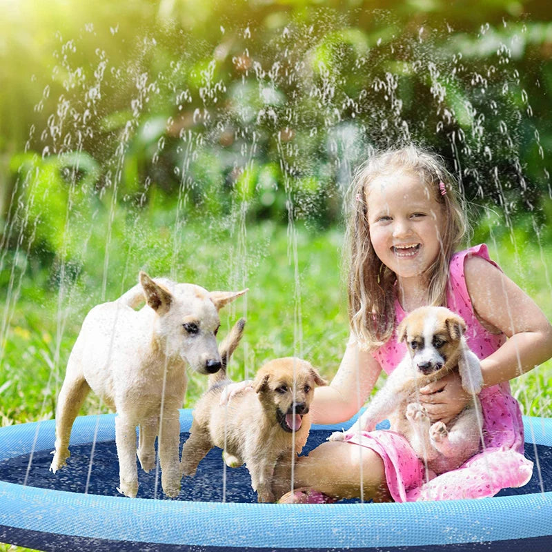 Outdoor dog water play mat, round blue splash pad with sprinklers for canine summer fun