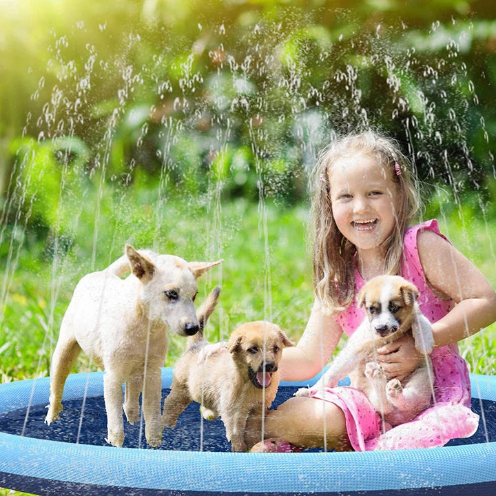 Outdoor dog water play mat, round blue splash pad with sprinklers for canine summer fun