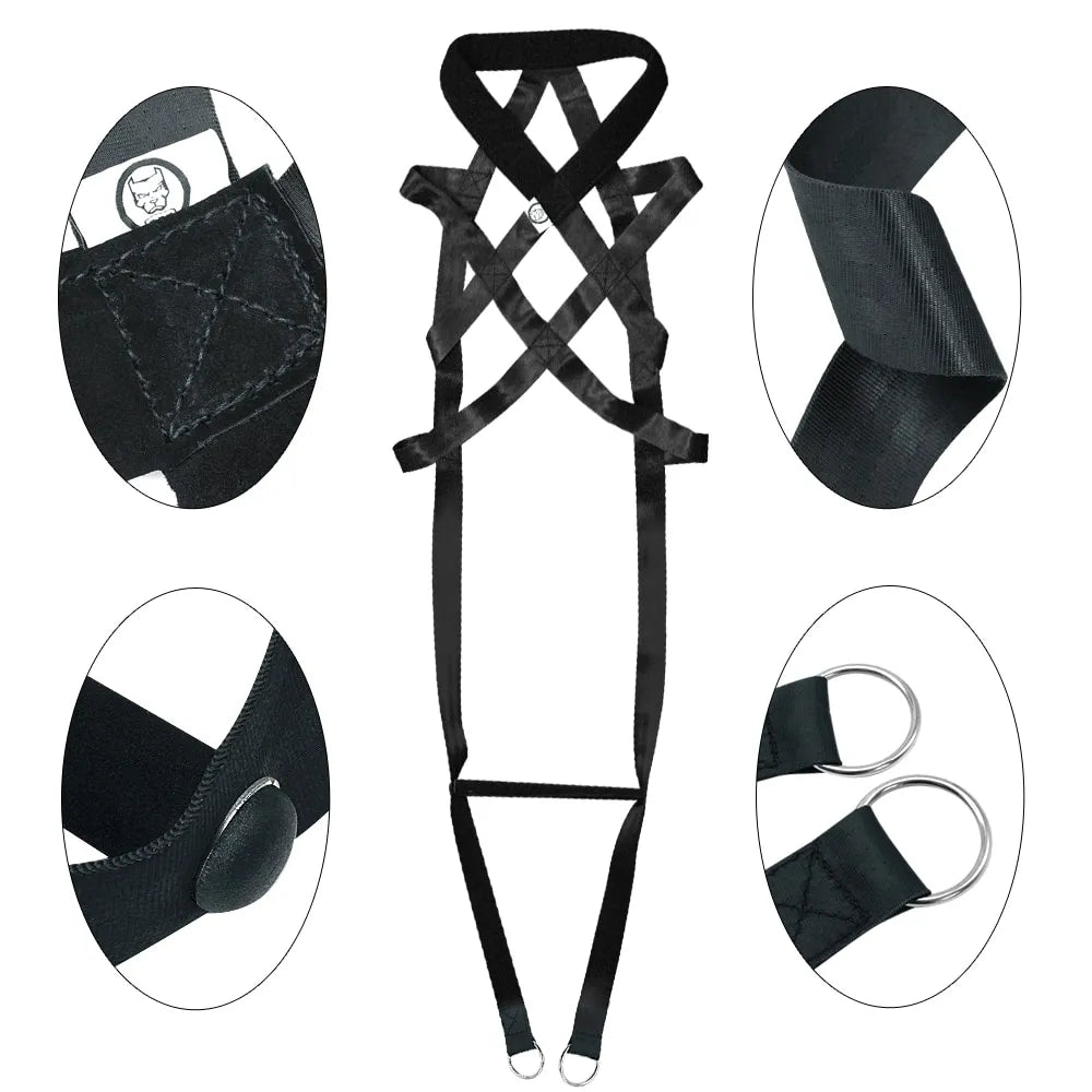 Black dog harness for sports training, featuring comfortable padding and secure adjustable straps