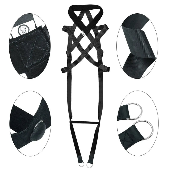 Black dog harness for sports training, featuring comfortable padding and secure adjustable straps