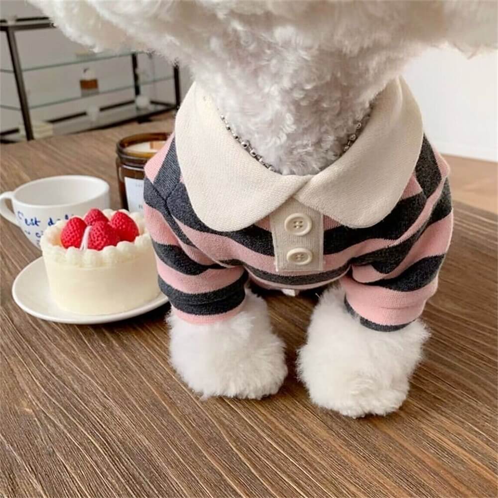 Collection of dog striped polo shirts in various colors, durable and comfortable pet clothing.