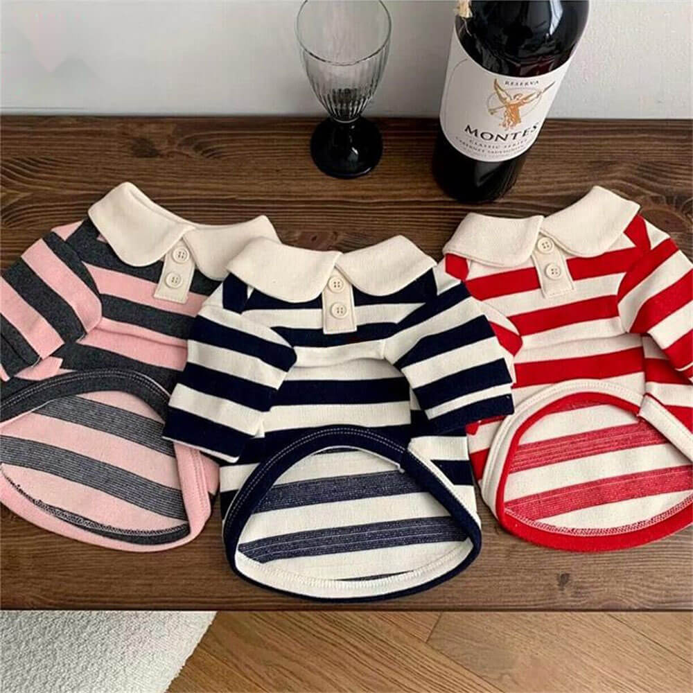 Dog apparel: pink and white striped polo shirt, comfortable and fashionable for pets.