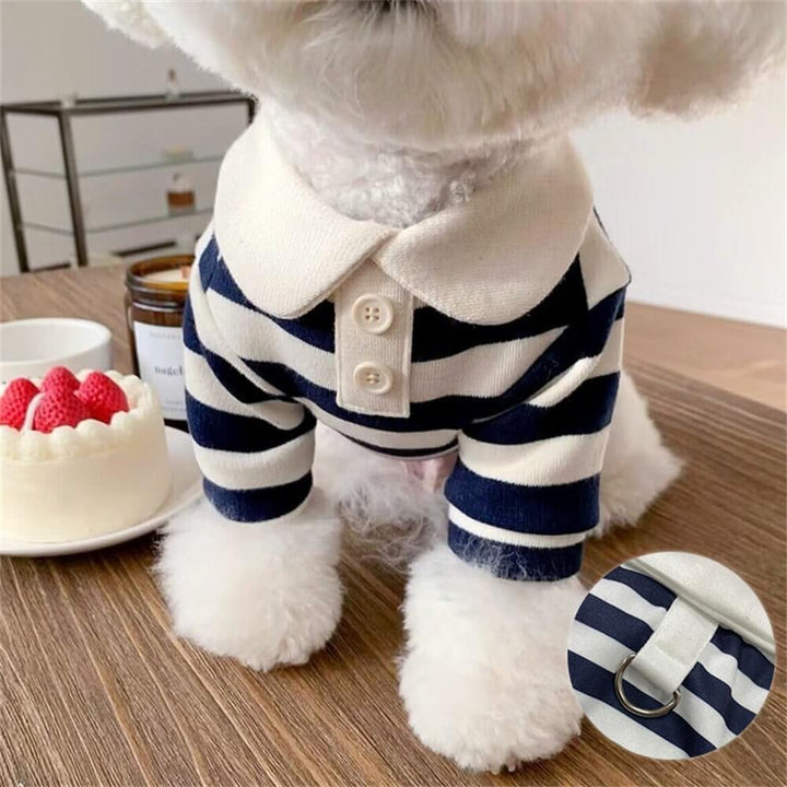 Stylish dog striped polo shirt in black and white, versatile pet clothing for all seasons.