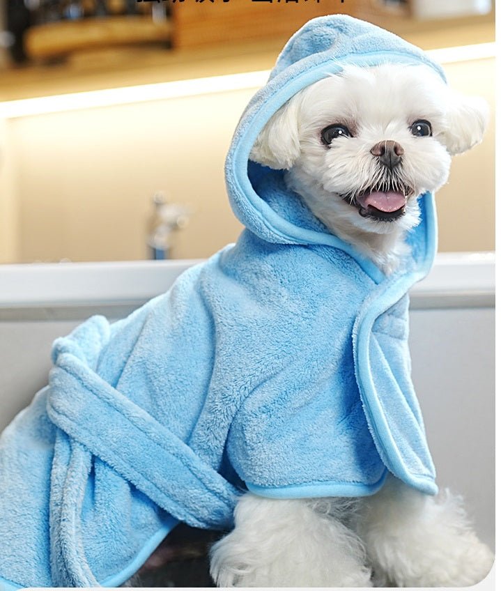 Dog bathrobe with hood, showing elastic leg openings for a secure and comfortable fit for pets.