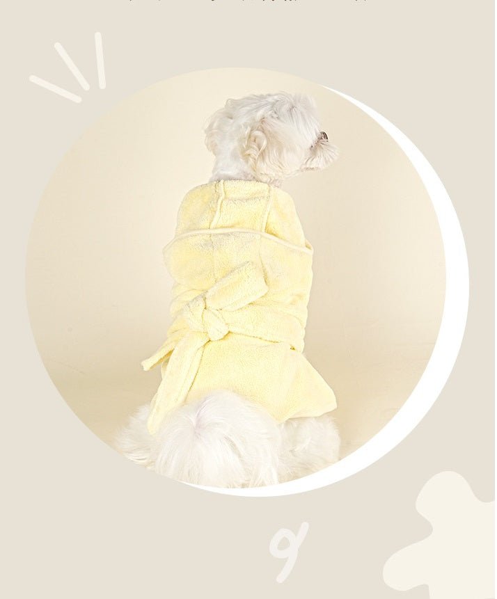 Dog modeling a gray microfiber bathrobe, demonstrating full body coverage and pet comfort convenience.