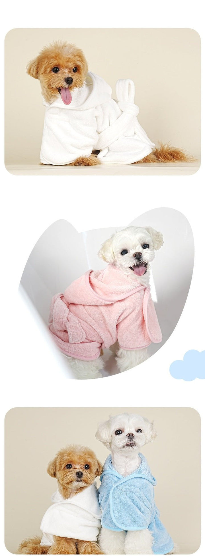 Detail of dog bathrobe's adjustable hook-and-loop closure, ensuring a snug fit for various dog sizes.