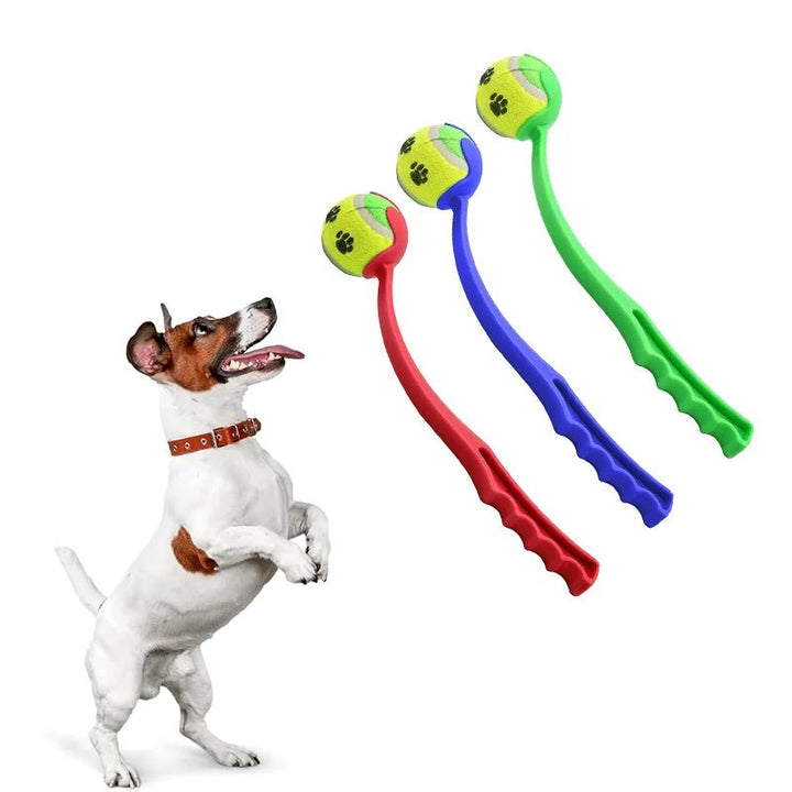 Hand holding a dog tennis ball launcher, ready for interactive fetch training