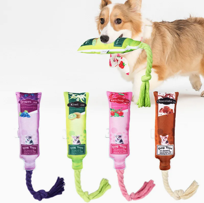 Colorful fruit jam squeaky rope dog toy for interactive play and dental cleaning