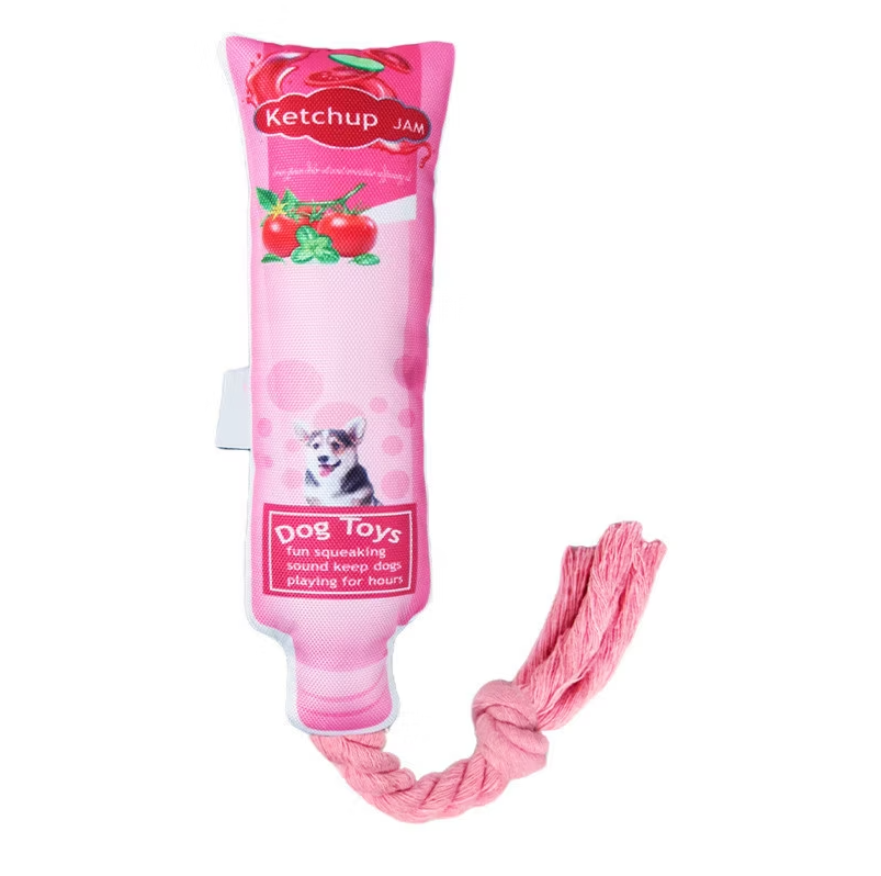 Dog happily playing with a vibrant fruit jam squeaky rope chew toy