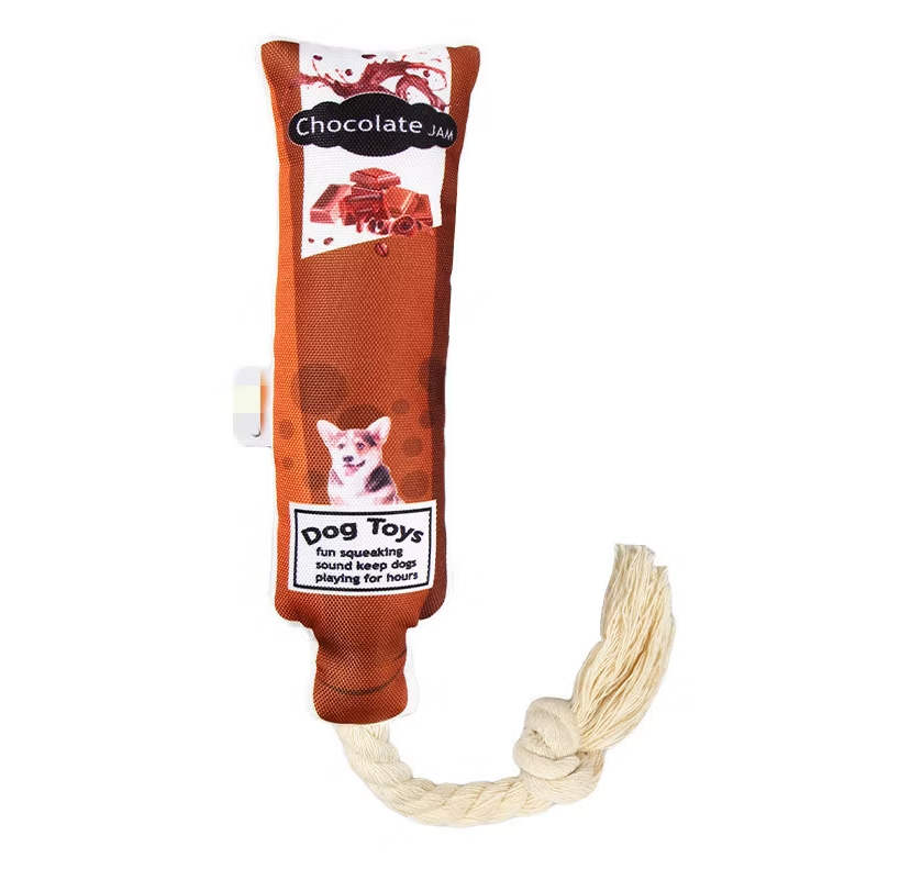 Assortment of fruit jam squeaky rope dog toys, promoting pet dental health