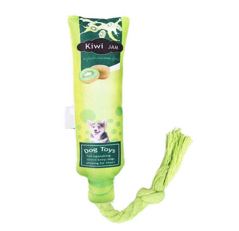 Durable squeaky rope dog toy with fruit jam design, ideal for chewing and pulling