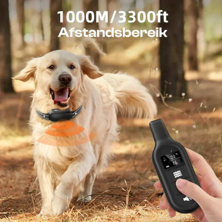 Waterproof dog training collar with remote, offering vibration, static, and sound correction for 3300 ft range.