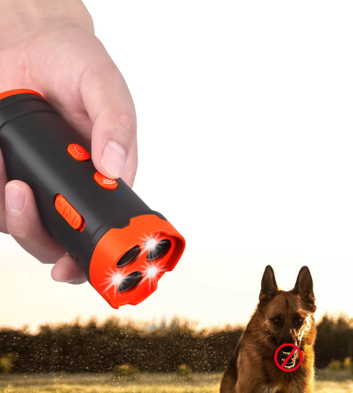 Dog training device with ultrasonic sound and LED light for bark control and behavior correction