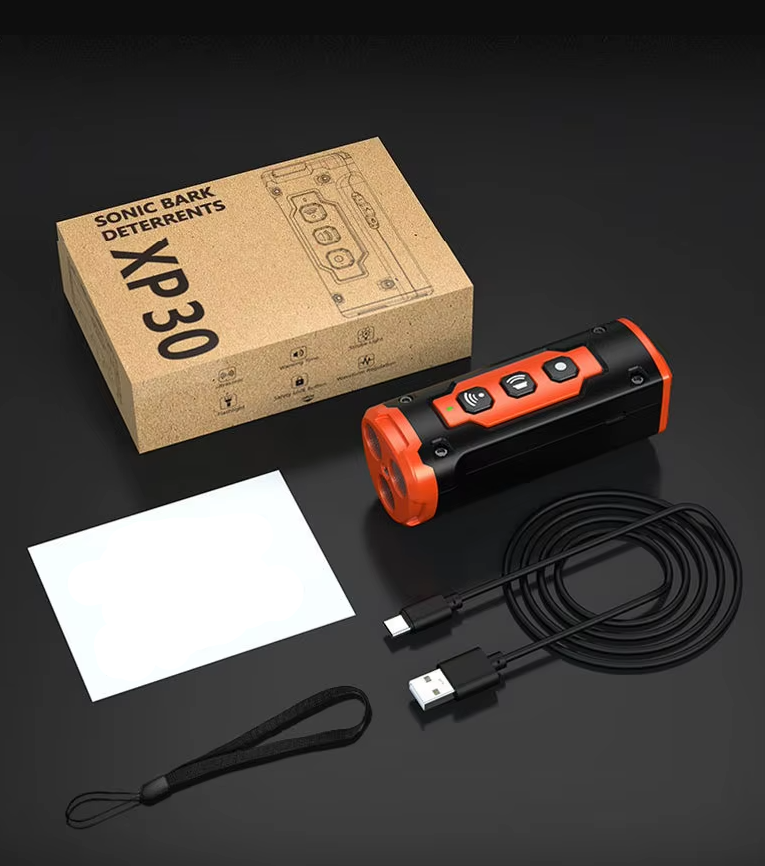 Effective dog training device combining ultrasonic barking deterrent and convenient LED flashlight