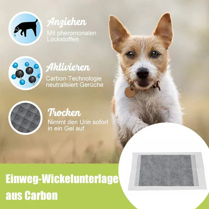 Close-up of a carbon dog training pad, showing its dark color and absorbent layers for puppies.