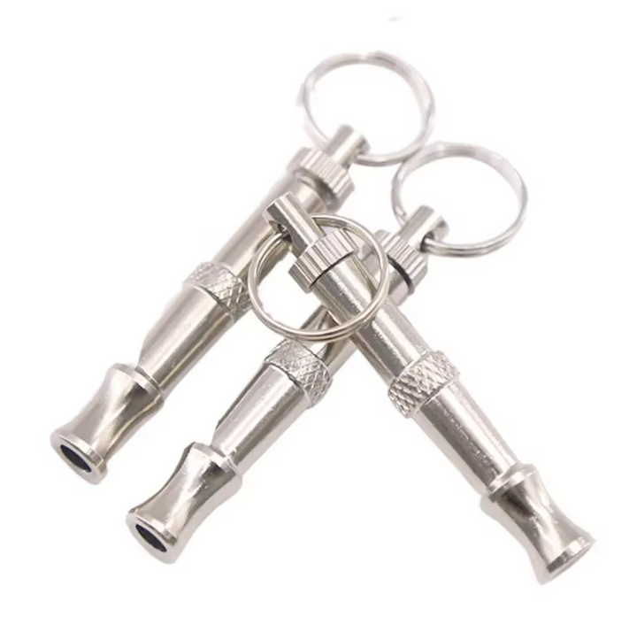 Hand holding a dog training whistle, demonstrating its compact size for pet owners.