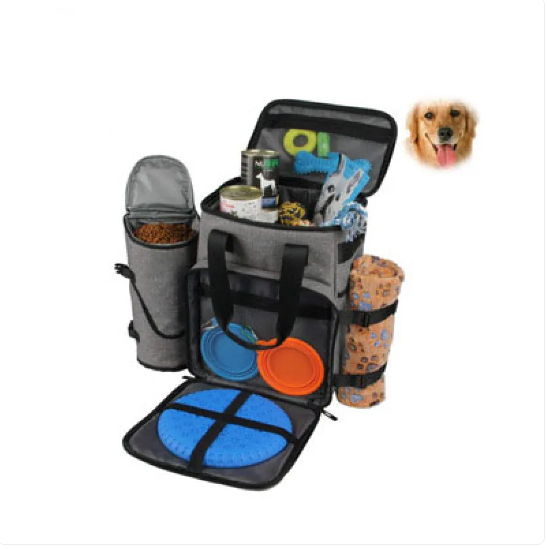 Portable dog organizer bag for car, showcasing insulated pockets for pet food and water bottles.