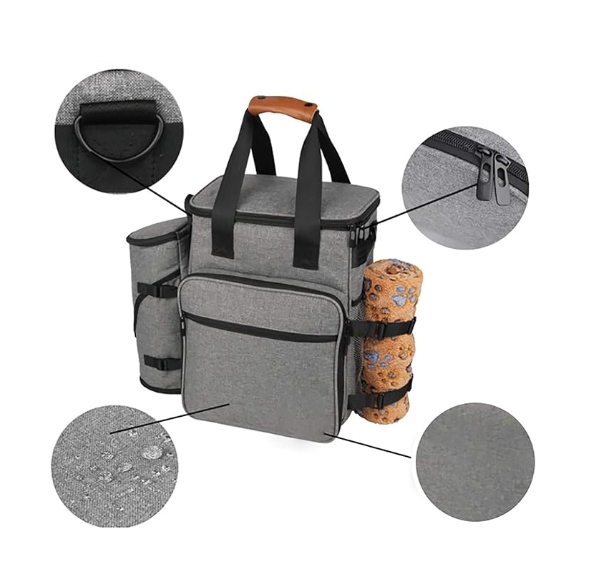 Pet travel storage bag in a car trunk, holding dog bowls, leashes, and blankets.