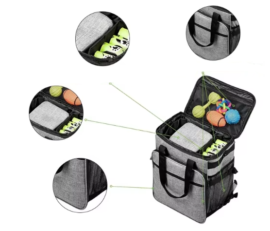 Compact dog travel bag with separate sections for dog food, treats, and favorite pet toys.