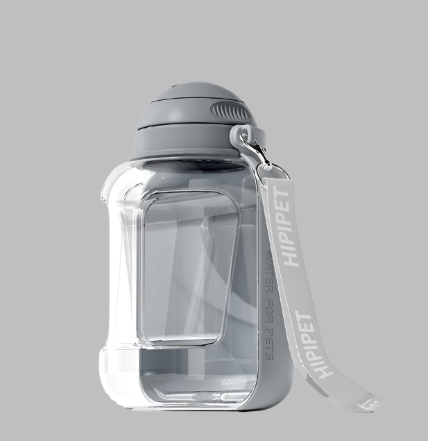 Leakproof dog water bottle with integrated food bowl, ideal for hikes and walks