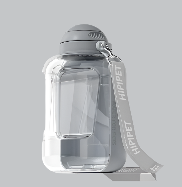 Close-up of dog water bottle and food bowl, demonstrating easy-fill design